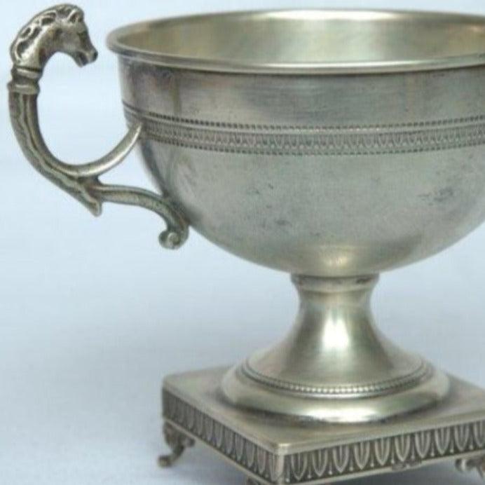 Antique Bowl With Stand and Double Handles And Engravings Germany Style. - Ghatan Antique