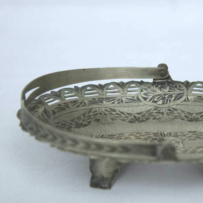 Antique Serving Basket made of Sterling Silver Persian Style With Swing Handle Historical Antique - Ghatan Antique