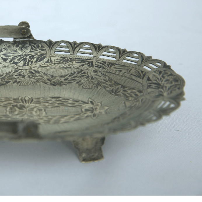Antique Serving Basket made of Sterling Silver Persian Style With Swing Handle Historical Antique - Ghatan Antique