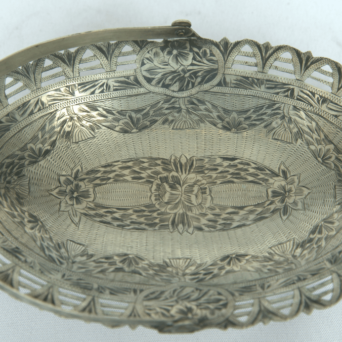 Antique Serving Basket made of Sterling Silver Persian Style With Swing Handle Historical Antique - Ghatan Antique