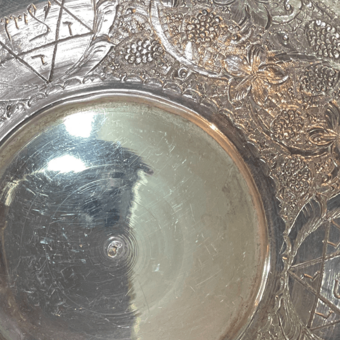 Rare Kiddush Cup Whit Plate Set Made Of Sterling Silver whit Paintings and Engravings for Shabbat - Ghatan Antique