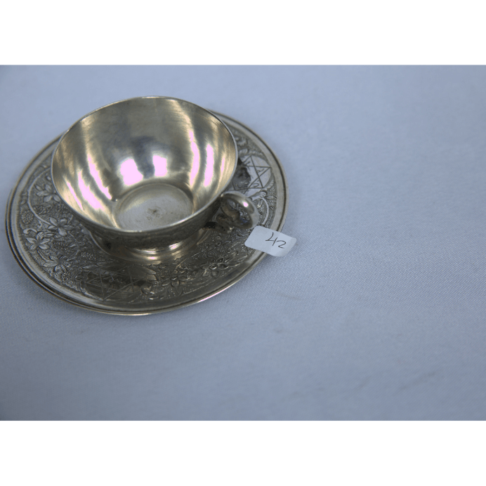 Rare Kiddush Cup Whit Plate Set Made Of Sterling Silver whit Paintings and Engravings for Shabbat - Ghatan Antique