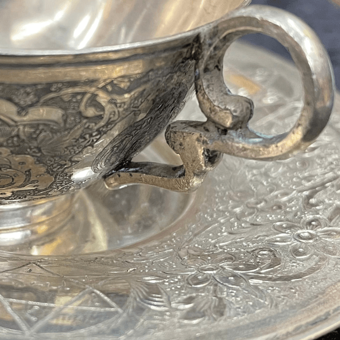 Rare Kiddush Cup Whit Plate Set Made Of Sterling Silver whit Paintings and Engravings for Shabbat - Ghatan Antique