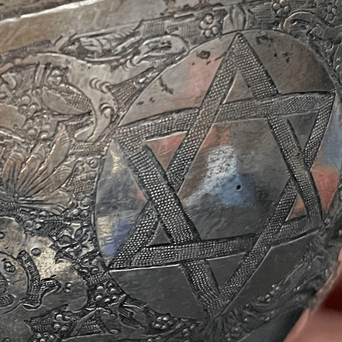 Rare Kiddush Cup Whit Plate Set Made Of Sterling Silver whit Paintings and Engravings for Shabbat - Ghatan Antique