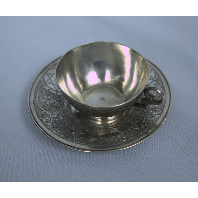 Rare Kiddush Cup Whit Plate Set Made Of Sterling Silver whit Paintings and Engravings for Shabbat - Ghatan Antique