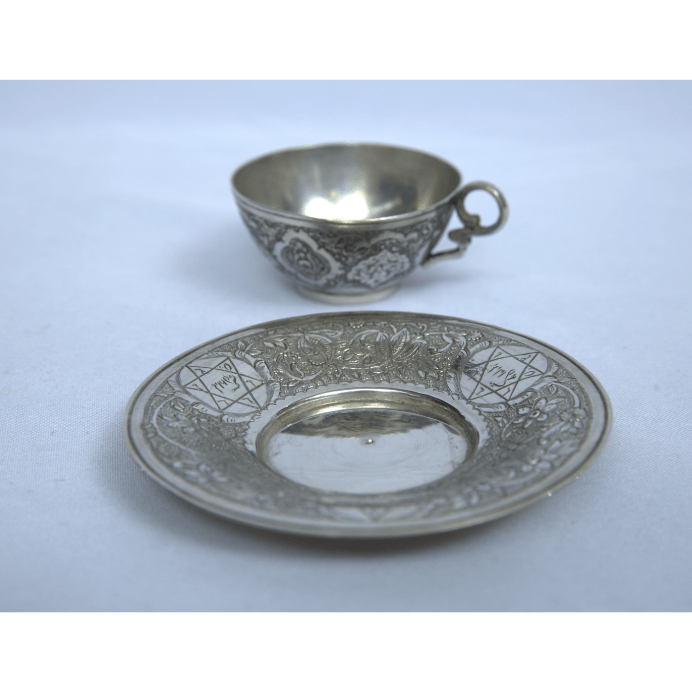 Rare Kiddush Cup Whit Plate Set Made Of Sterling Silver whit Paintings and Engravings for Shabbat - Ghatan Antique