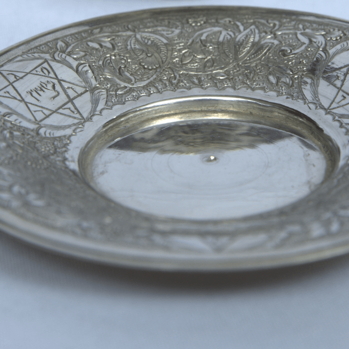 Rare Kiddush Cup Whit Plate Set Made Of Sterling Silver whit Paintings and Engravings for Shabbat - Ghatan Antique