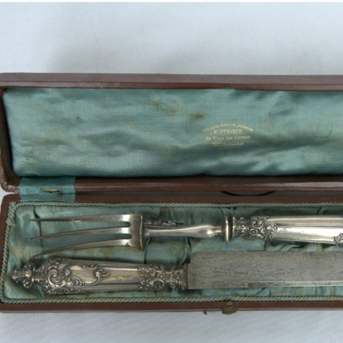 Unique Knife and Fork Rare Set of 2 Pieces of Sterling Silver With paintings French Style. - Ghatan Antique