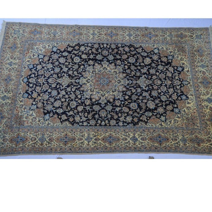 Vintage from the 1970s - Unique Persian Rug Beige and Black with Floral and Medallion for Living Room. - Ghatan Antique