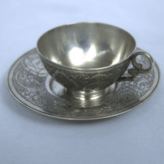 Rare Kiddush Cup Whit Plate Set Made Of Sterling Silver whit Paintings and Engravings for Shabbat - Ghatan Antique