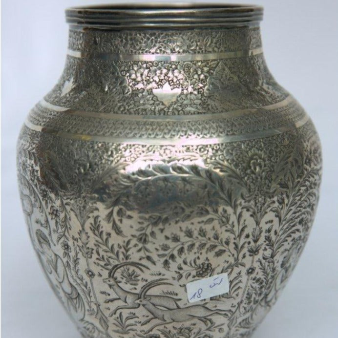 Unique Vase Antique made of Sterling Silver whit Engraving Story and portrayal for Home Decor BY Handmade Martin Armani Persian Style. - Ghatan Antique