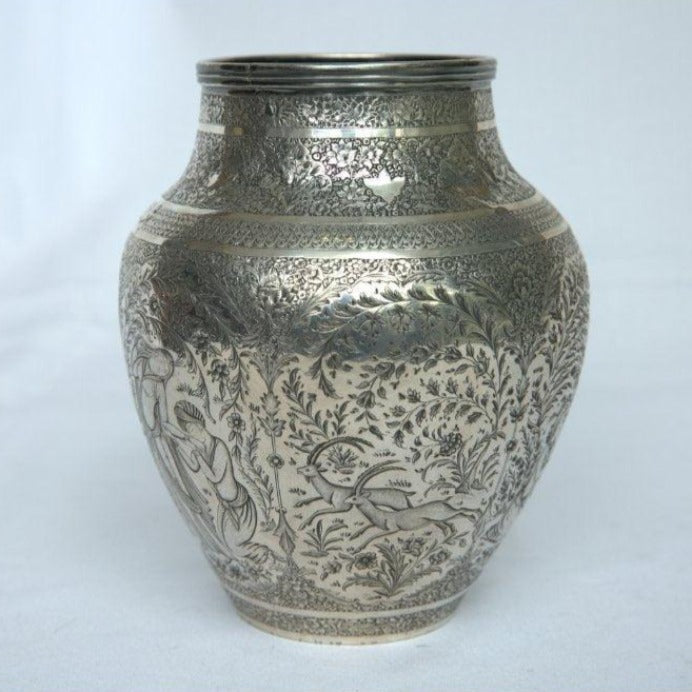 Unique Vase Antique made of Sterling Silver whit Engraving Story and portrayal for Home Decor BY Handmade Martin Armani Persian Style. - Ghatan Antique