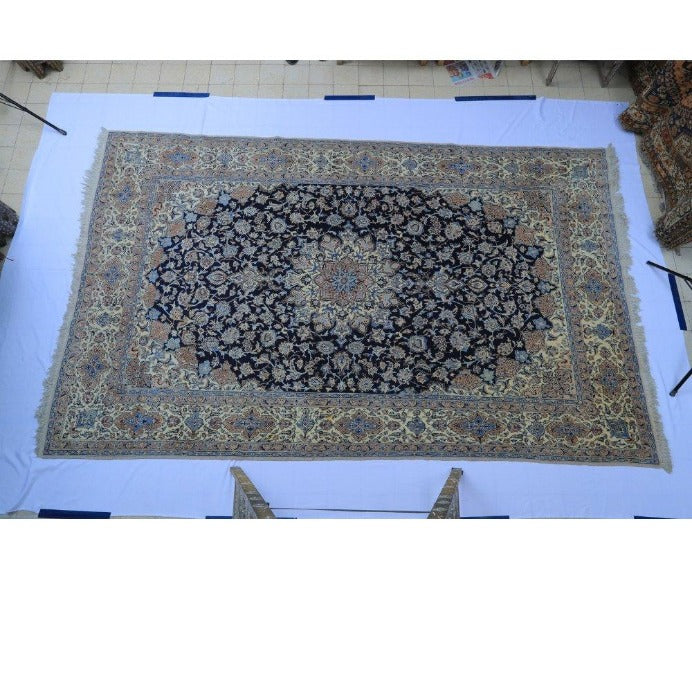 Vintage from the 1970s - Unique Persian Rug Beige and Black with Floral and Medallion for Living Room. - Ghatan Antique